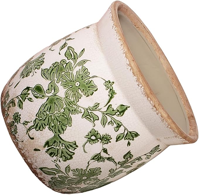 Xiaan Jiaju Vintage Farmhouse Ceramic Planter & Kitchen Utensil Holder - 6.21 Inch Tuscan Rustic Plant Pot with Drainage for Indoor/Outdoor Use, Garden & Home Decor, Unique Gift (Green Leaf)