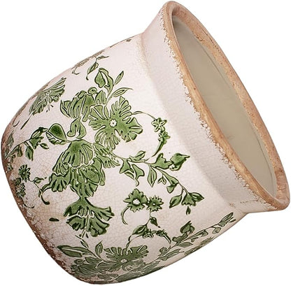 Xiaan Jiaju Vintage Farmhouse Ceramic Planter & Kitchen Utensil Holder - 6.21 Inch Tuscan Rustic Plant Pot with Drainage for Indoor/Outdoor Use, Garden & Home Decor, Unique Gift (Green Leaf)