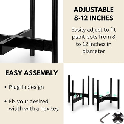 Fox & Fern Adjustable Plant Stand Indoor — 8 to 12 Inch Premium Mid Century Bamboo Plant Stand with Adjustable Width; Plug In Design; Easy to Assemble; Two Heights - For 8, 9, 10, 11 & 12 Inch Pots