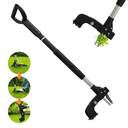 Weed Puller Tool, Gardening Stand-Up Weeder Puller with Ergonomic 39" Long Handle and 4 High-Strength Stainless Steel Claws, Easily Weeds Without Bending, Pulling, or Kneeling（Black）