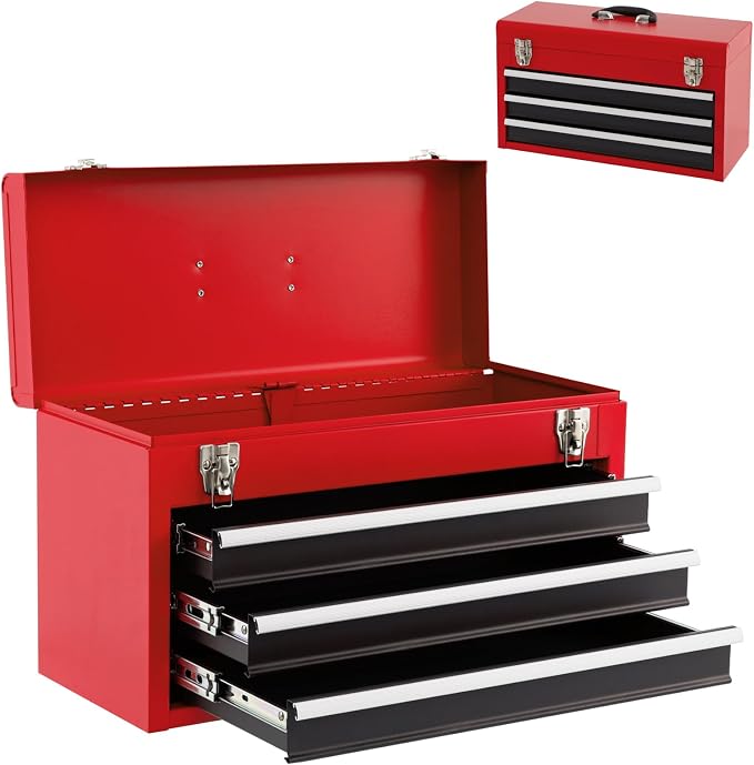 Goplus Tool Box with 3 Drawers, 4-Tier 20.5" Portable Tool Chest Organizer with Top Tool Tray, Auto Lock, Protective Liner, Handle, Steel Metal Small Toolbox for Gargae, Workshop, Home