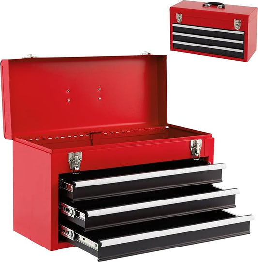 Goplus Tool Box with 3 Drawers, 4-Tier 20.5" Portable Tool Chest Organizer with Top Tool Tray, Auto Lock, Protective Liner, Handle, Steel Metal Small Toolbox for Gargae, Workshop, Home