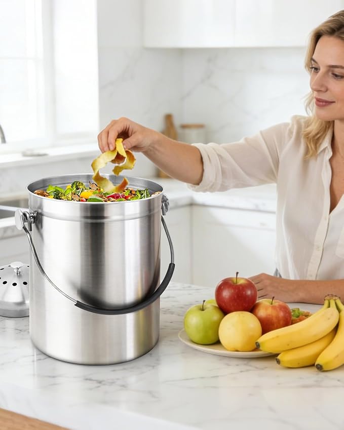 Countertop Compost Bin Kitchen Stainless Steel 1.3 Gallon with Lid, 2 Charcoal Filter for Odorless Composting, Soft-Grip Handle