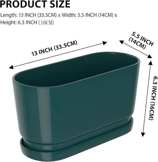 13" Rectangular Ceramic Planter with Drainage and Saucer, Green | Indoor Outdoor Use, 13"L x 5.5"W x 6.3"H, Modern Home Decor, Window Box Planter, Green Glossy Finish