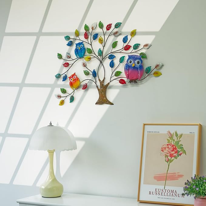 dreamskip Tree of Life Metal Wall Art, 25" Outdoor Large Wall Sculpture with Colorful Leaves and Owls, Tree Metal Wall Decor for Outdoor Indoor, Living Room, Patio, Fence, Bedroom, Garden Decor