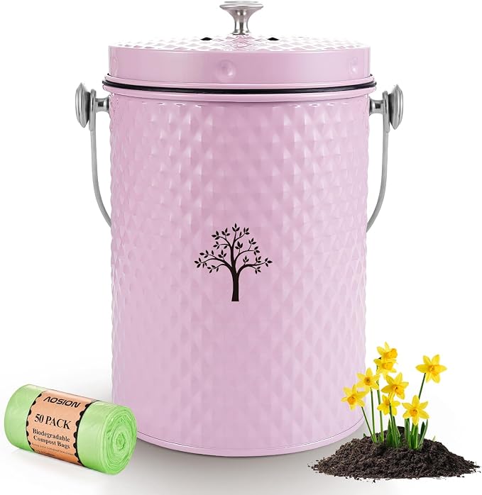 AOSION Countertop Compost Bin, Odor-Free Food Waste Container with 50 Bags | 1 Gallon Container,2 Carbon Filters,Compost Bucket, coffee grounds