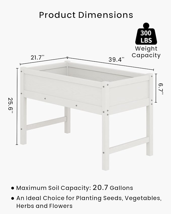 Weatherproof Raised Garden Bed, HDPE Outdoor Elevated Planter Box with Legs, Garden Box, Flower Beds for Patio, Deck, Balcony (White)