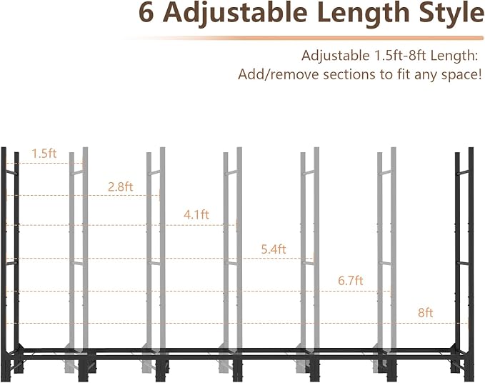 C-Hopetree 8Ft Outdoor Indoor Firewood Rack, Adjustable Metal Log Holder for Fireplace, Heavy Duty Wood Pile Storage Organizer Stacker Stand, Black
