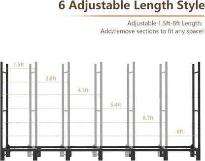 C-Hopetree 8Ft Outdoor Indoor Firewood Rack, Adjustable Metal Log Holder for Fireplace, Heavy Duty Wood Pile Storage Organizer Stacker Stand, Black