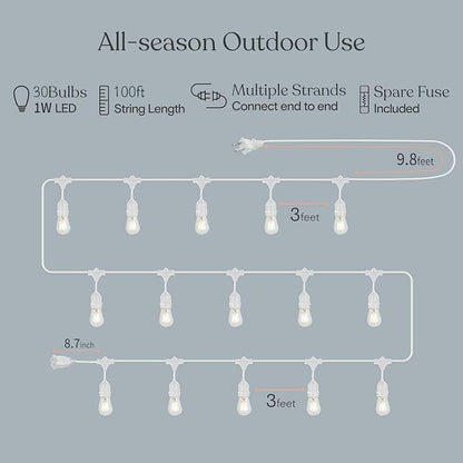 Outdoor String Lights LED White 100FT Patio Lights String with 32 1W Dimmable Shatterproof Bulbs for Wedding Pergola Gazebo Bistro Outdoor