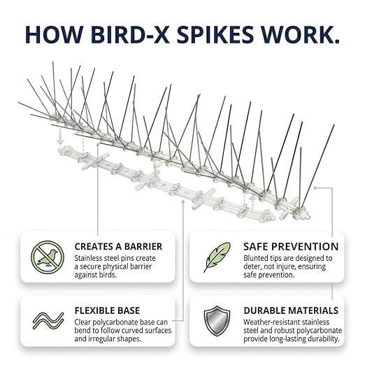 Bird-X Stainless Bird Spikes 8-Inch Extra-Wide, 2 Ft Strips, 100 Feet | Stainless Steel, Flexible Polycarbonate, Pigeons and Sparrows, Outdoor Areas