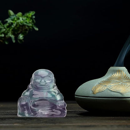 Rainbow Fluorite Crystal Laughing Buddha Statue Meditation Decor Spiritual Art Piece Healing Stone Figurine Zen Altar Sculpture Feng Shui Gift Yoga Space Ornament Peaceful Home Temple Collectible
