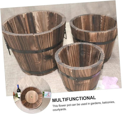 3 Pcs Wooden Bucket Flower Pot Retro Barrel Planter for Succulents Garden Decor for Patio Lawn Balcony Courtyard Solid Color Rustic Wooden Flower Pots