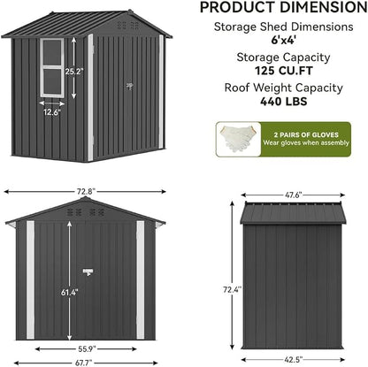 COMHOMA Shed Storage Outdoor Metal Windowed Lockable Garden Toolhouse Weatherproof Ventilated Backyard Utility Workshop(Grey,6'x4')