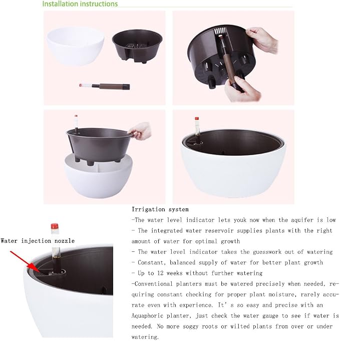Vencer 11 Inch Plastic Round Self Watering Planter,Water Indicator,Modern Decorative Planter Pot for All House Plants Flowers, Herbs, Vegetables, Tropical,White,VF-048