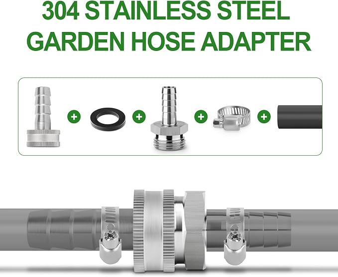 TAISHER 2PCS 304 Stainless Steel Garden Hose Repair Connector, 5/16" Barb x 3/4" GHT Male Garden Hose Adapter with Hose Clamps