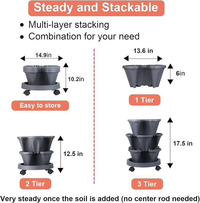 GameXcel Vertical Planter Tower - 3 Tier Stackable Garden Planters with Wheels and Tools Plant Pots for Strawberry Herb Flower and Vegetable Indoor Outdoor Use Dark Gray