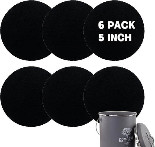 6 Pack Charcoal Filters for Compost Bin Bucket, 5 Inch Round Activated Carbon Charcoal Replacement Filters for Kitchen Countertop and Home Bucket Compost Bin (Refill, Odor Eliminating)