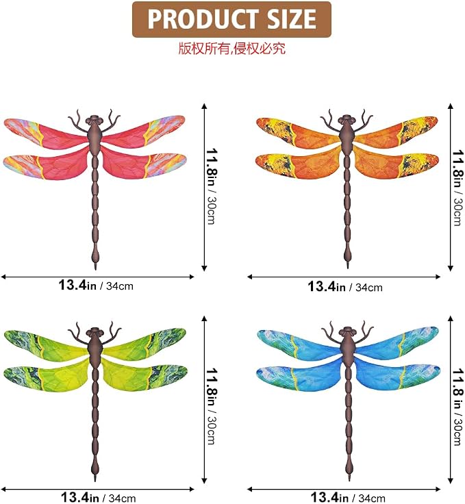 Metal Dragonfly Wall Decor, 4 Pack 13 inch Metal Dragonflies Wall Art Hanging Sculpture Decorations for Outdoor, Yard Patio Fence Garden Outside Decor