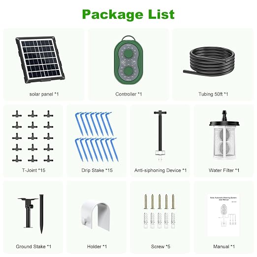 50FT Automatic Solar Drip Irrigation System, Solar Automatic Plant Waterer Kit, Supported 15 Pots, Indoor/Outdoor Irrigation Kit for Garden, Balcony & Patio Vacation Free