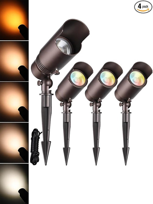 LEONLITE 5CCT Low Voltage LED Landscape Spotlight, 7W LED Spot Lights Outdoor for Garden Yard, Adjustable Beam Angle, 12-24V AC/DC, Aluminum, IP65 Waterproof, CRI90, ETL, Oil Rubbed Bronze, Pack of 4