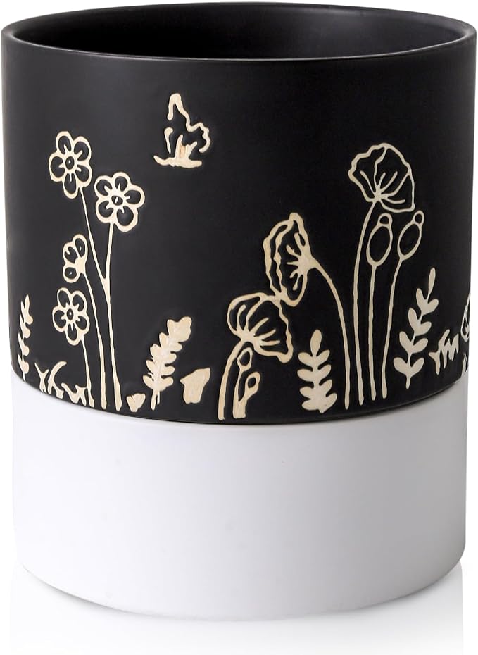 Nihow Self Watering Pots for Indoor Plants,6 Inch,Black,Hand Painting | Ceramic Planter, Drainage Hole & Water Storage Plus, Cylinder Round Flower Pot, For Succulent/Herbs/Violets