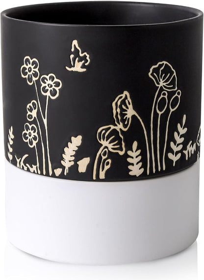 Nihow Self Watering Pots for Indoor Plants,6 Inch,Black,Hand Painting | Ceramic Planter, Drainage Hole & Water Storage Plus, Cylinder Round Flower Pot, For Succulent/Herbs/Violets