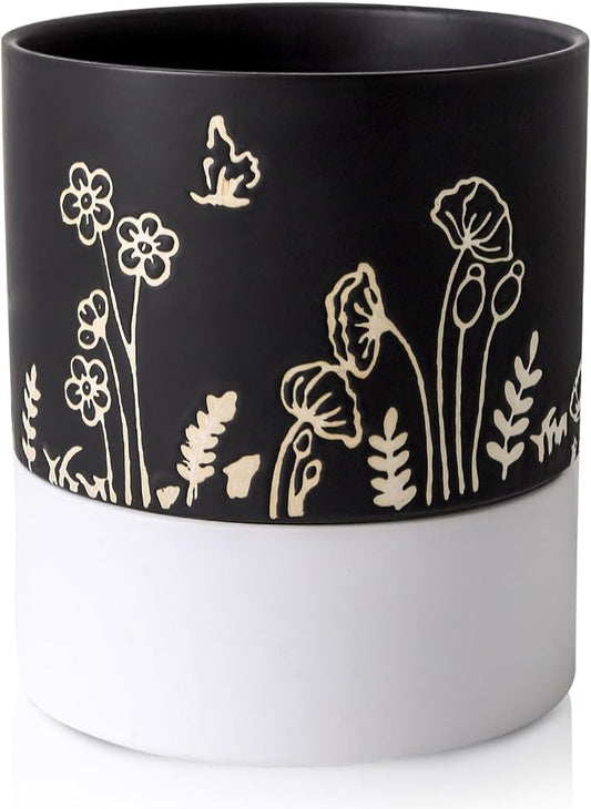 Nihow Self Watering Pots for Indoor Plants,6 Inch,Black,Hand Painting | Ceramic Planter, Drainage Hole & Water Storage Plus, Cylinder Round Flower Pot, For Succulent/Herbs/Violets