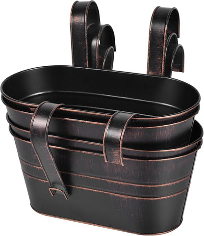 OBTANIM 4 Pack Metal Hanging Flower Pots Iron Railing Planter Outdoor Fence Hanging Pots Bucket Plant Holder with Detachable Hooks Drain Holes for Home Garden Yard Decor (Black)