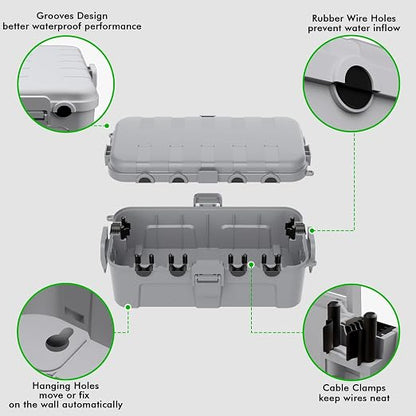 RESTMO Outdoor Electrical Box, IP54 Weatherproof Extension Cord Cover with 6 Cable Entry Ports, Waterproof Connection Box Protect Power Strip, Timer, Plug (11.5x5.2x4 inch), Light Gray