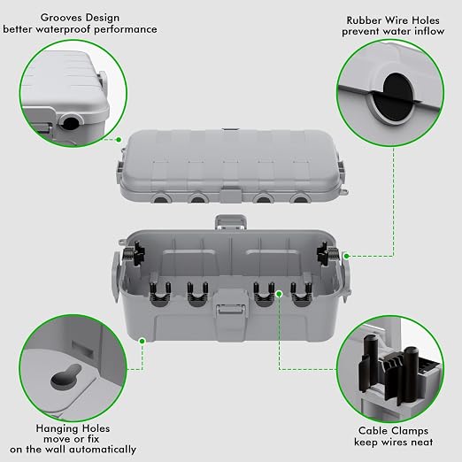 RESTMO Outdoor Electrical Box, IP54 Weatherproof Extension Cord Cover with 6 Cable Entry Ports, Waterproof Connection Box Protect Power Strip, Timer, Plug (11.5x5.2x4 inch), Light Gray