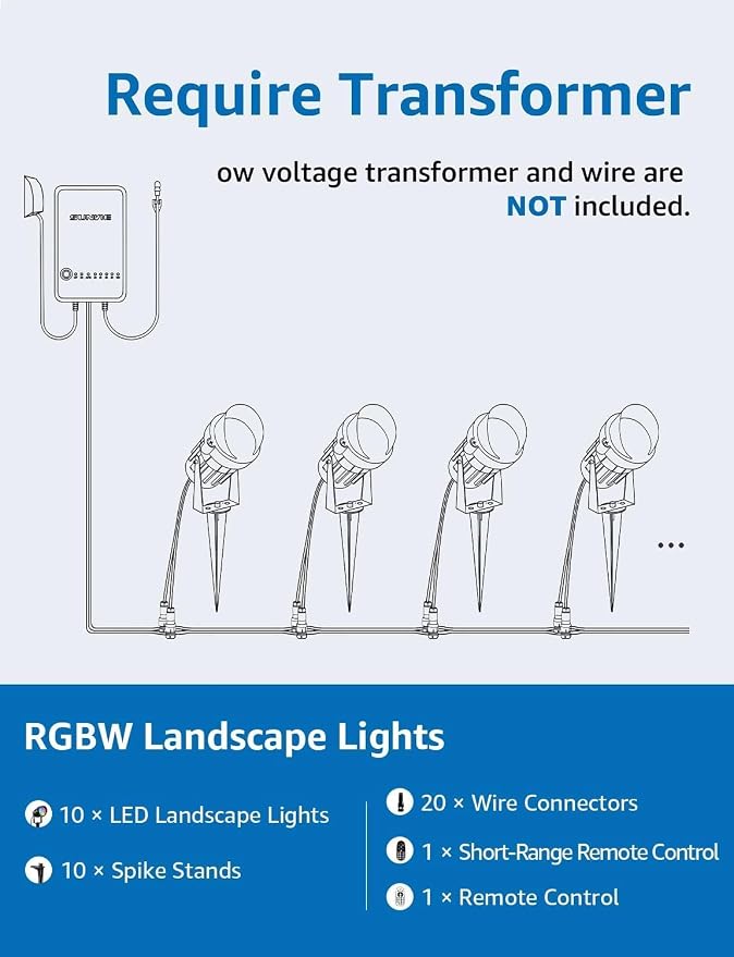 SUNVIE Low Voltage Landscape Lighting RGB Color Changing LED Landscape Lights with Remote Control Waterproof Garden Patio Spotlight Christmas Decoration for Outdoor(10 Pack with Connector)
