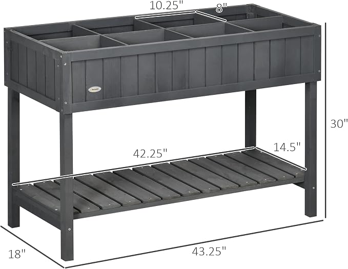 Outsunny 43x18x30in Raised Garden Bed with 8 Pockets and Shelf, Wooden Elevated Planter Box with Legs to Grow Herbs, Vegetables, and Flowers, Dark Gray
