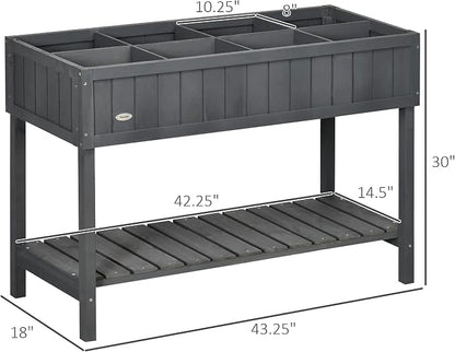 Outsunny 43x18x30in Raised Garden Bed with 8 Pockets and Shelf, Wooden Elevated Planter Box with Legs to Grow Herbs, Vegetables, and Flowers, Dark Gray