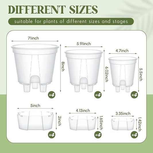 Wonderjune Self Watering Pots for Indoor Plants with Deep Reservoir and High Drainage Holes for Outdoor Plants and Flowers, Bare Root Planter(4.72'', 5.91'', 7.09'',Clear,12 Pcs)