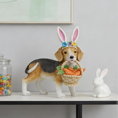 Cynkeyee Dog Garden Statue Decoration - Cute Puppy Beagle with Bunny Ears | Carrot Basket Doggy Figurines, Tabletop Self Floor Indoor Garden Decor, 11.5x4x10.5 inch