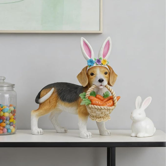 Cynkeyee Dog Garden Statue Decoration - Cute Puppy Beagle with Bunny Ears | Carrot Basket Doggy Figurines, Tabletop Self Floor Indoor Garden Decor, 11.5x4x10.5 inch
