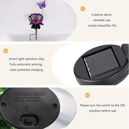 Solar Lights Outdoor Garden Decor, Metal Tulip & Butterfly Decoration Solar Lawn Lamp for Courtyard, Metal Flowers Outdoor Waterproof for Landscape Patio Yard Decor (Purple)