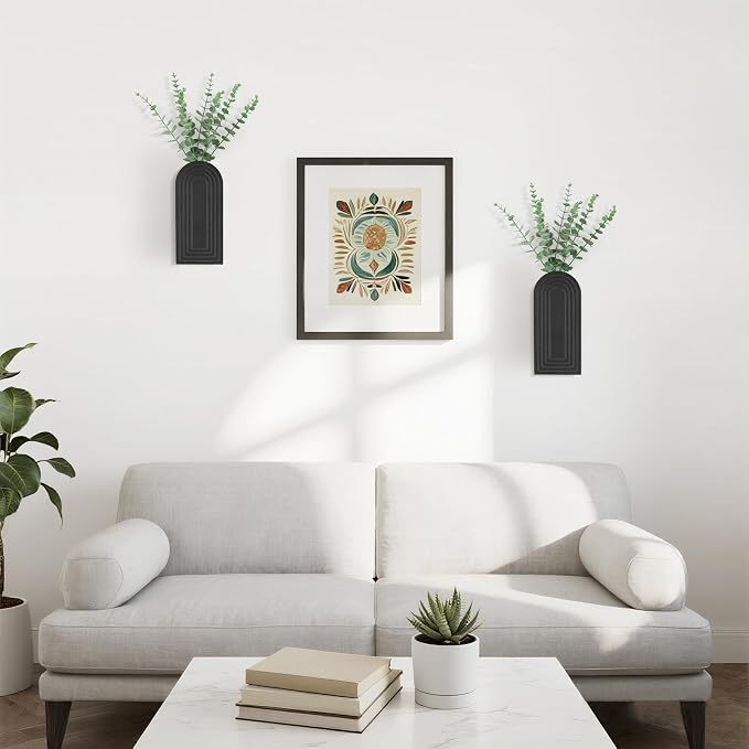 Dahey Wood Wall Planter Vase with Artificial Eucalyptus, 2 Pack Hanging Planter for Indoor Fake Plants Modern Boho Farmhouse Wall Art Decor for Bathroom Bedroom Kitchen Office Home Decoration, Black