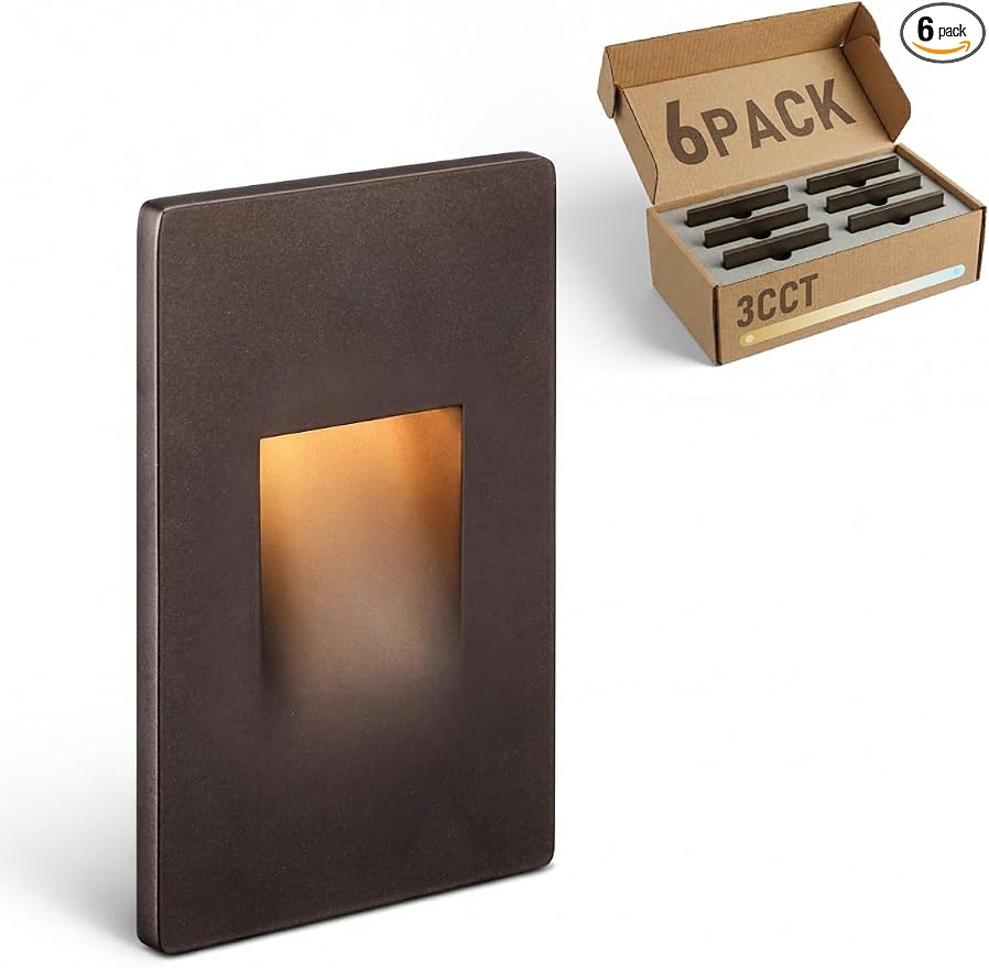 LEONLITE 6-Pack 3CCT 120V LED Step Lights, Vertical, Oil Rubbed Bronze | 110LM, 5%-100% Dimmable, CRI90, ETL, Indoor Outdoor Stair Lights, Wet Location, 3000K/4000K/5000K, Aluminum