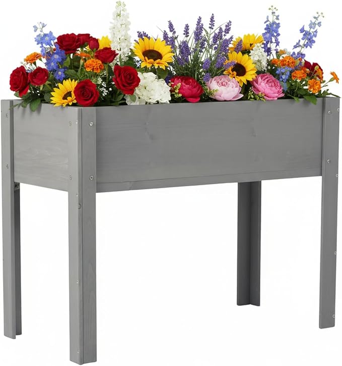 Raised Garden Bed with Legs, 40x20x31 in Planter Boxes Outdoor, Elevated Wooden Planter Box Standing Growing Bed for Gardening, Backyard, Patio and Balcony (Grey, 40x20x31)