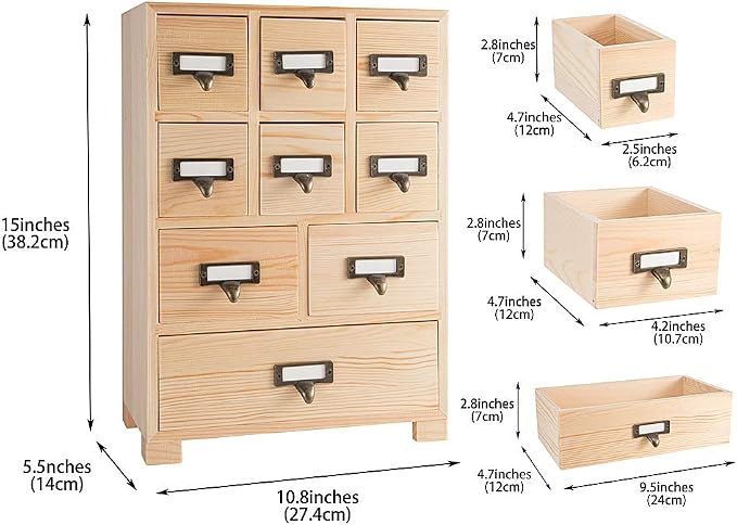 Apothecary Drawers Apothecary Cabinet with Drawers, Natural Wood | 9 Drawer Library Card Catalog, Wooden Storage Box, Wooden Desktop Organizer with Metal Handles-Fulled Assembled