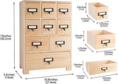 Apothecary Drawers Apothecary Cabinet with Drawers, Natural Wood | 9 Drawer Library Card Catalog, Wooden Storage Box, Wooden Desktop Organizer with Metal Handles-Fulled Assembled
