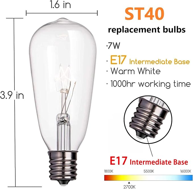 Abeja Outdoor String Lights 20Ft with 20 Vintage Bulbs(2 Spare) ST40 String Lights, Waterproof UL Listed for Patio Garden Backyard Party Decor, 7W, E12 Socket Base, Brown