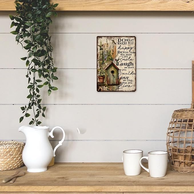 Floral Wall Art, Do What Makes You Happy Sign, Inspirational Metal Sign for Garden Yard Decor, Outdoor Balcony Decor, Gardener Gift, Vintage Metal Tin Signs 11.8 * 7.9inches