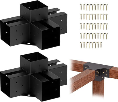 4-Way Pergola Brackets Kit (2-Pack), Heavy Duty 4x4 Corner Brackets for Outdoor Wood Posts, Easy Install for DIY Gazebo Patio Log Cabin & Outdoor Structures