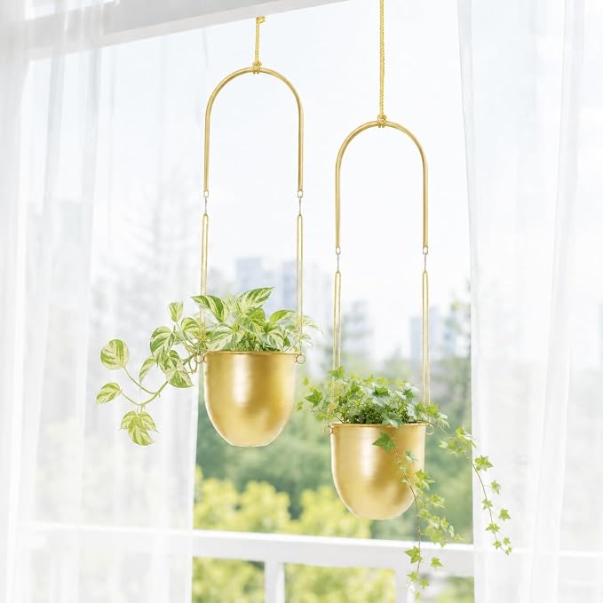 AceList Gold Hanging Planters Set of 2 - Modern Metal Plant Pots 5.5 Inch with Adjustable Hemp Rope and Mounting Hooks, Indoor Outdoor Boho Home Decor for Living Room Balcony Garden Patio Window