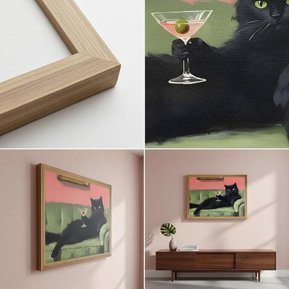 smvexyl Funny Black Cat Wall Art with Martini Glass, Eclectic Cocktail Cat Canvas Painting, Quirky Animal Bar Cart Decor for Kitchen Living Room Apartment Wall Decor Framed Artwork 24x16 Inch