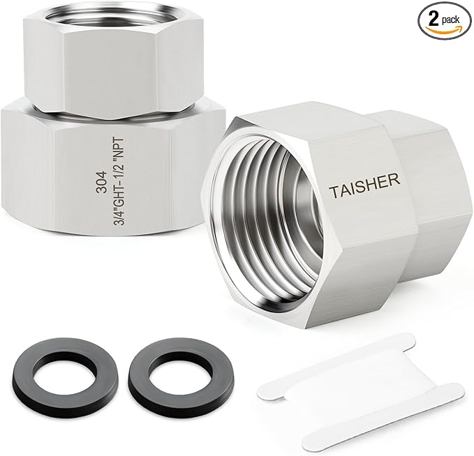 TAISHER 2PCS 304 Stainless Steel Garden Hose Adapter, 3/4" GHT Female x 1/2" NPT Female Swivel Garden Hose Connector with Washers