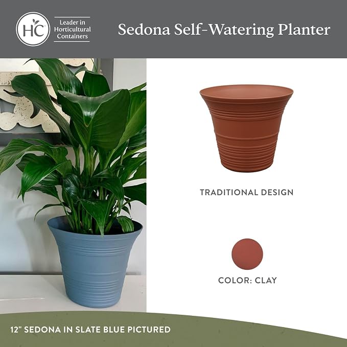 The HC Companies 12 Inch Sedona Round Self Watering Planter Pots, Lightweight UV-Resistant Plastic Indoor & Outdoor Planters, 2-Pack Flower Pots for Garden & Home Decor, Clay